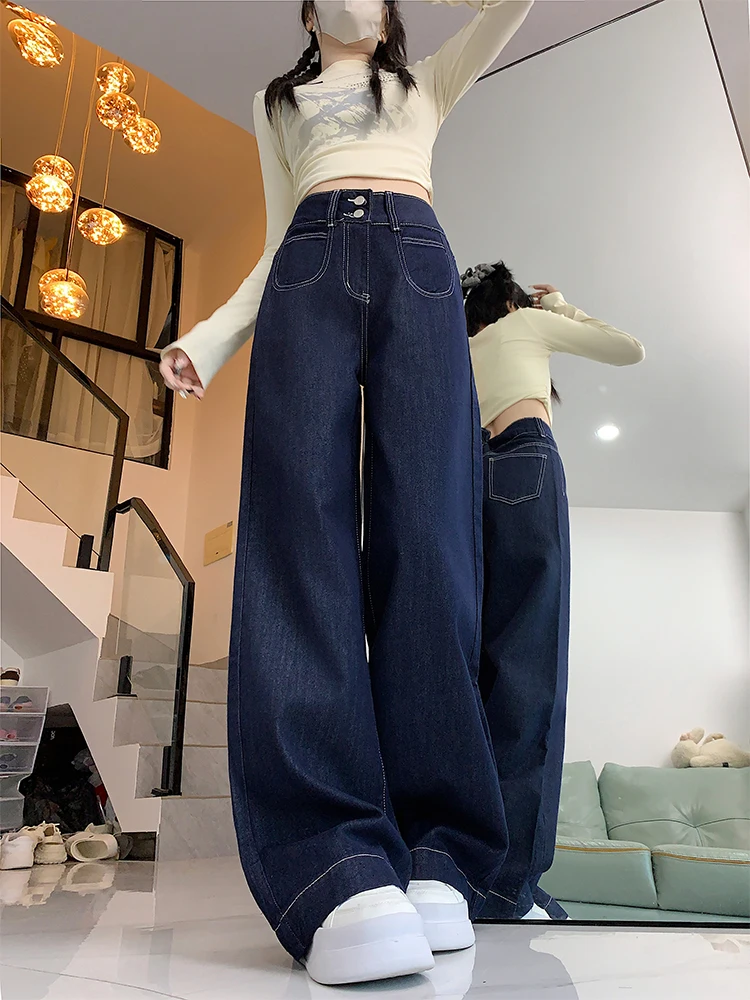 Jean en Denim à jambes larges pour femmes, bleu profond, grande taille, ample, droit, Double bleu, taille haute, pantalon amincissant, longueur au sol