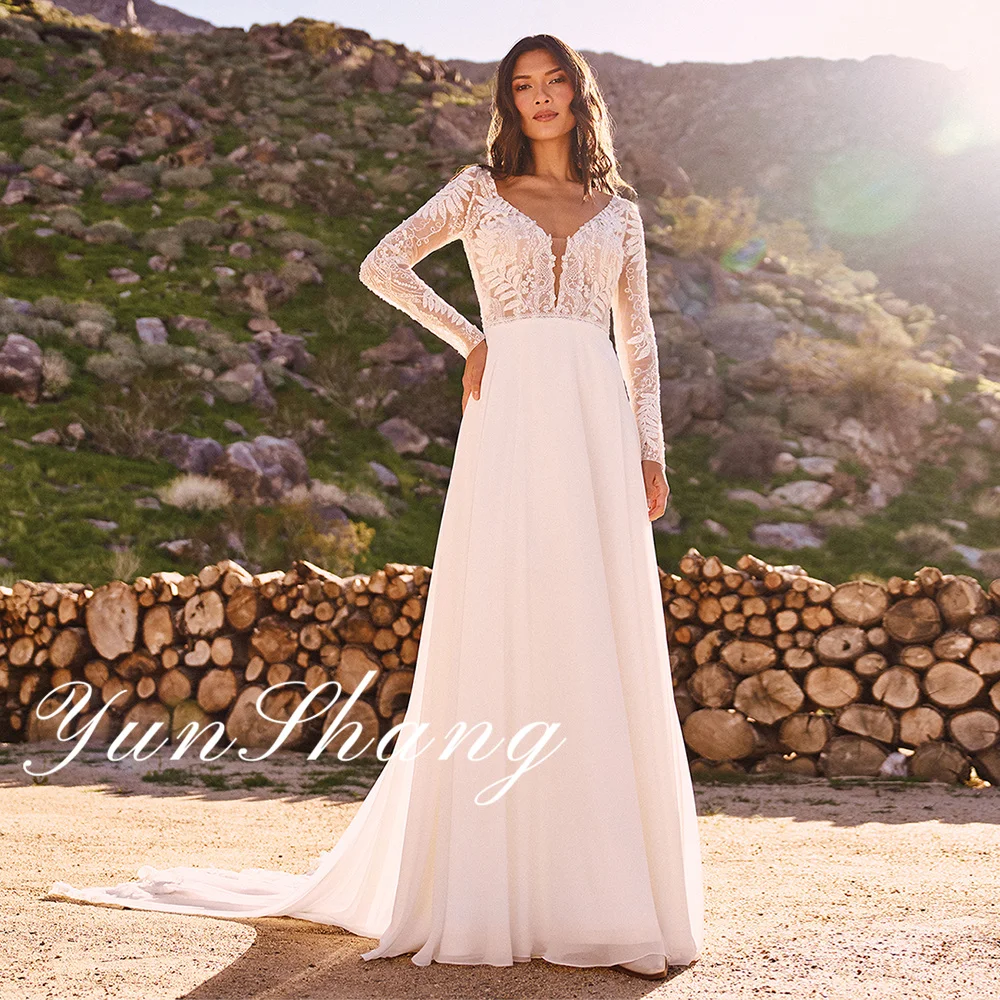 

Yunshang Customized Lace A-Line Elegant Wedding Dresses 2026 V-Neck Long Sleeves Sequins Chiffon Floor Length Train Bridal Gowns