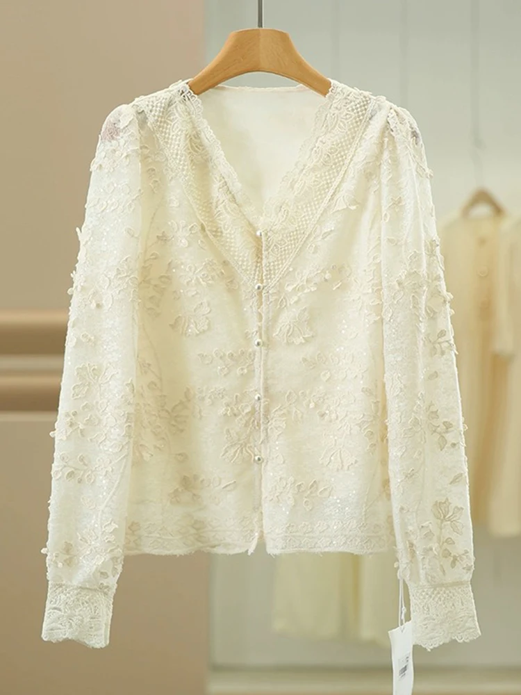 

Ele Long Sve V-Ne Lace Open Cardigan Single Button Design Versatile Faionable Top for Autumn Season