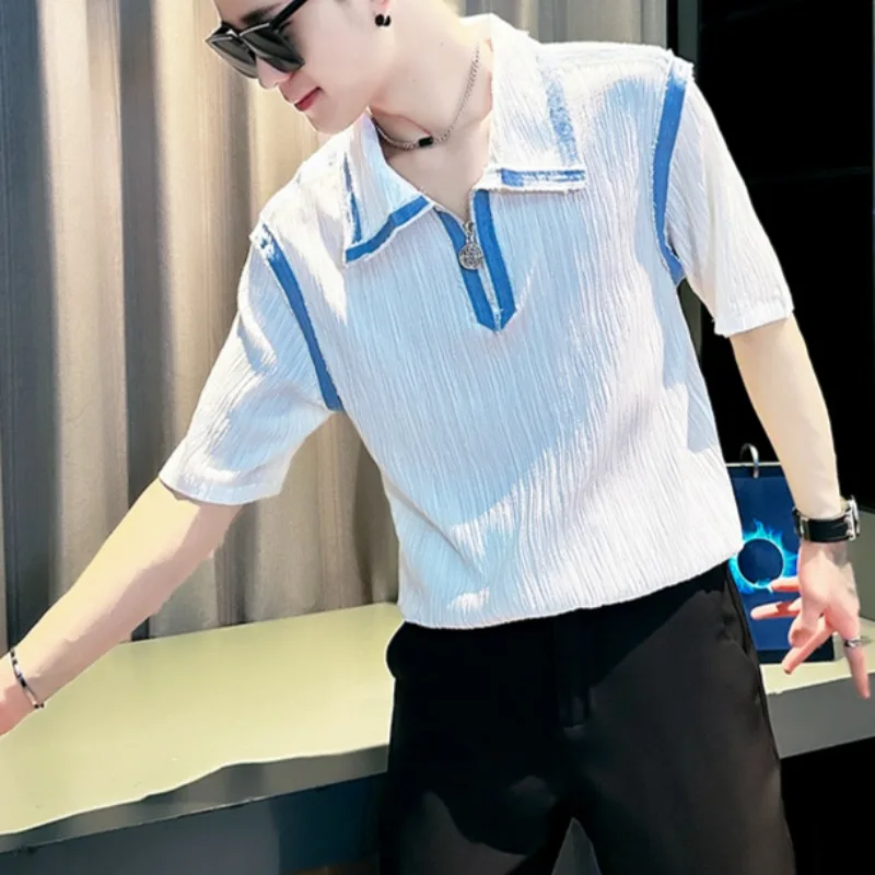 الكورية الصيف مخطط التلبيب تي شيرت الرجال قصيرة الأكمام لوس عادية نصف سستة قمصان بولو الأعمال الاجتماعية تيز الرجال الملابس #2
