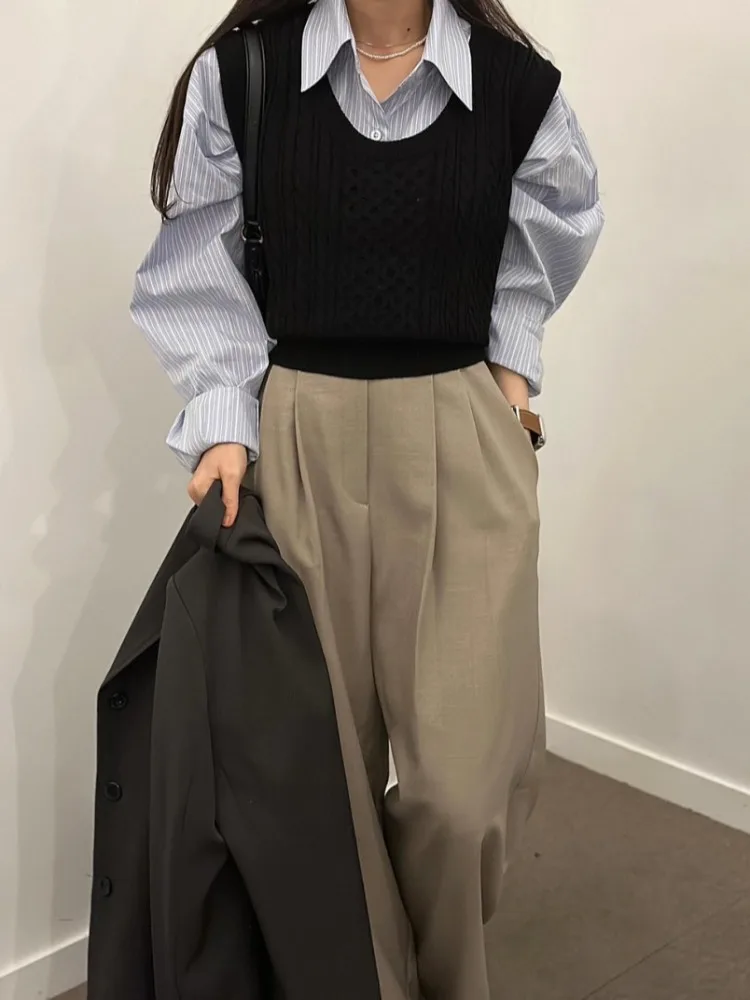 เสื้อกั๊กไหมพรมถักลายสปริง ดีไซน์เกาหลี ทรงหลวม ยาวปานกลาง แฟชั่นสำหรับผู้หญิง คอกลม ใส่ซ้อนชั้นได้