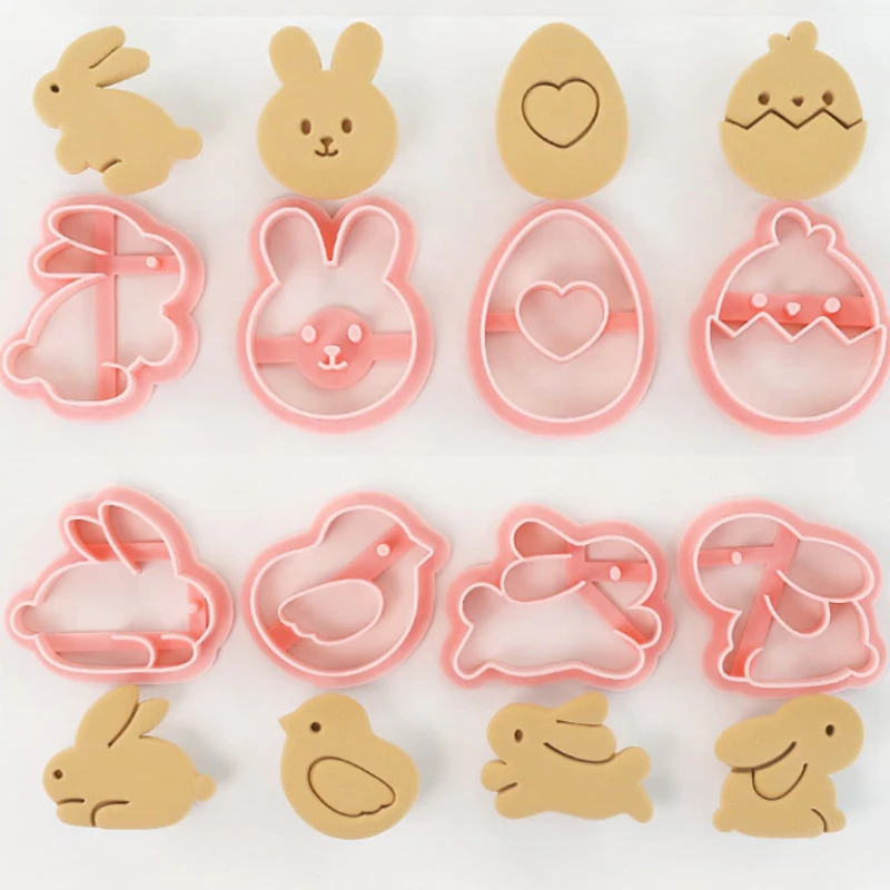 8 Uds. Molde para galletas de conejito de Pascua de dibujos animados lindo conejo pollito huevos patrón Animal cortador de galletas herramientas de decoración de pasteles moldes para hornear