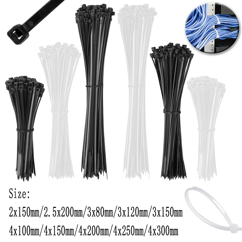 100Pcs Plastic Nylon Cable Ties Self-locking Cord Ties Straps Adjustable Cables Fastening Loop Home Office Wire Zip Ties