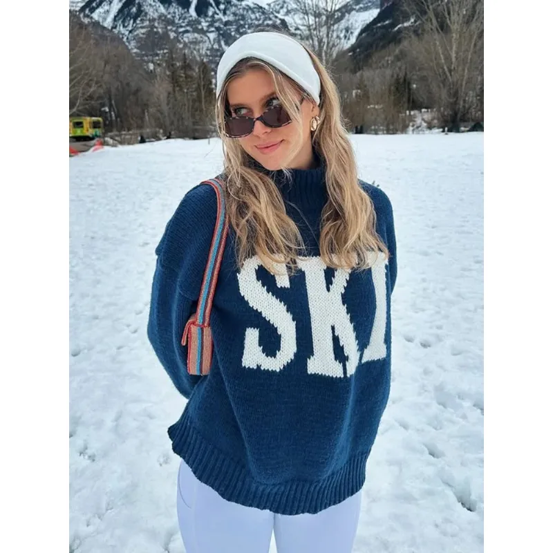 

Casual Letter Half-high Collar Sweater Women Chic Jacquard Full Sleeve Loose Knitted Pullover 2026 Lady Spring Street Pullovers