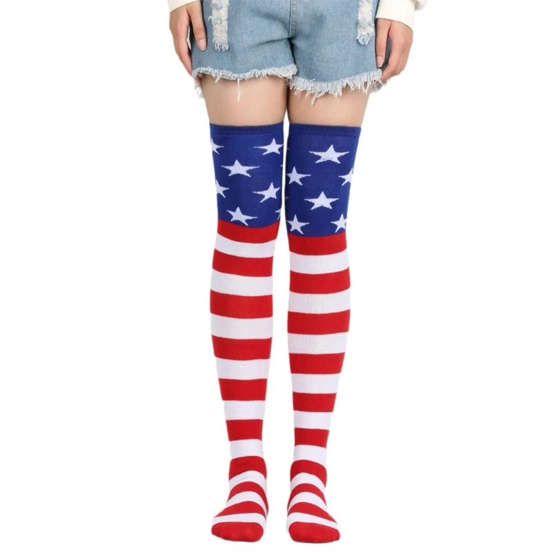 

Womens Novelty American Thigh High Stockings USA Stripes Patterns Design Over Knee Long Socks Patriotic Holiday