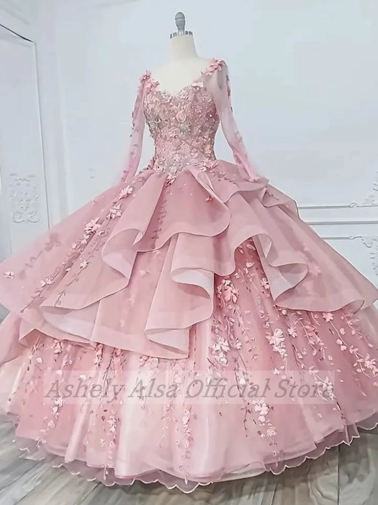 Customized Pink Long Sleeve Prom Dresses For 15 16 Year Old Girl Special Occasion Party Gown vestidos de 15 quinceañera 2024