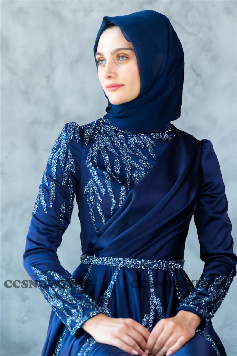 Vestidos De Noche musulmanes De manga larga con apliques De satén para mujer, traje De fiesta Formal islámico De Hijab, Túnica árabe De Dubái