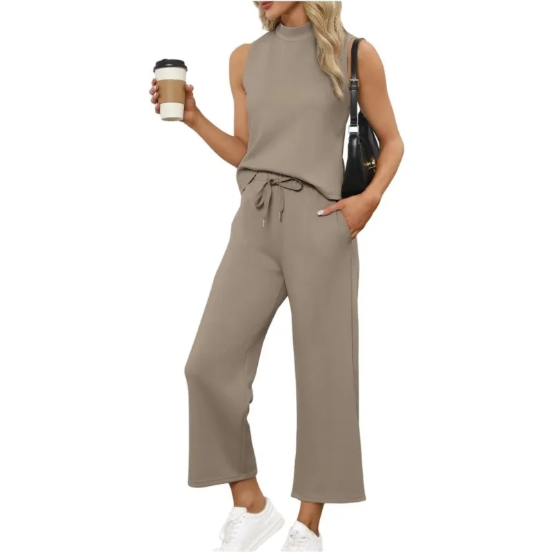 Women's Simple Solid Color Sleeveless Office Set Summer Fashion Stand Up Collar Top Casual Lace Up Pants Suit Lady Basic Outfit