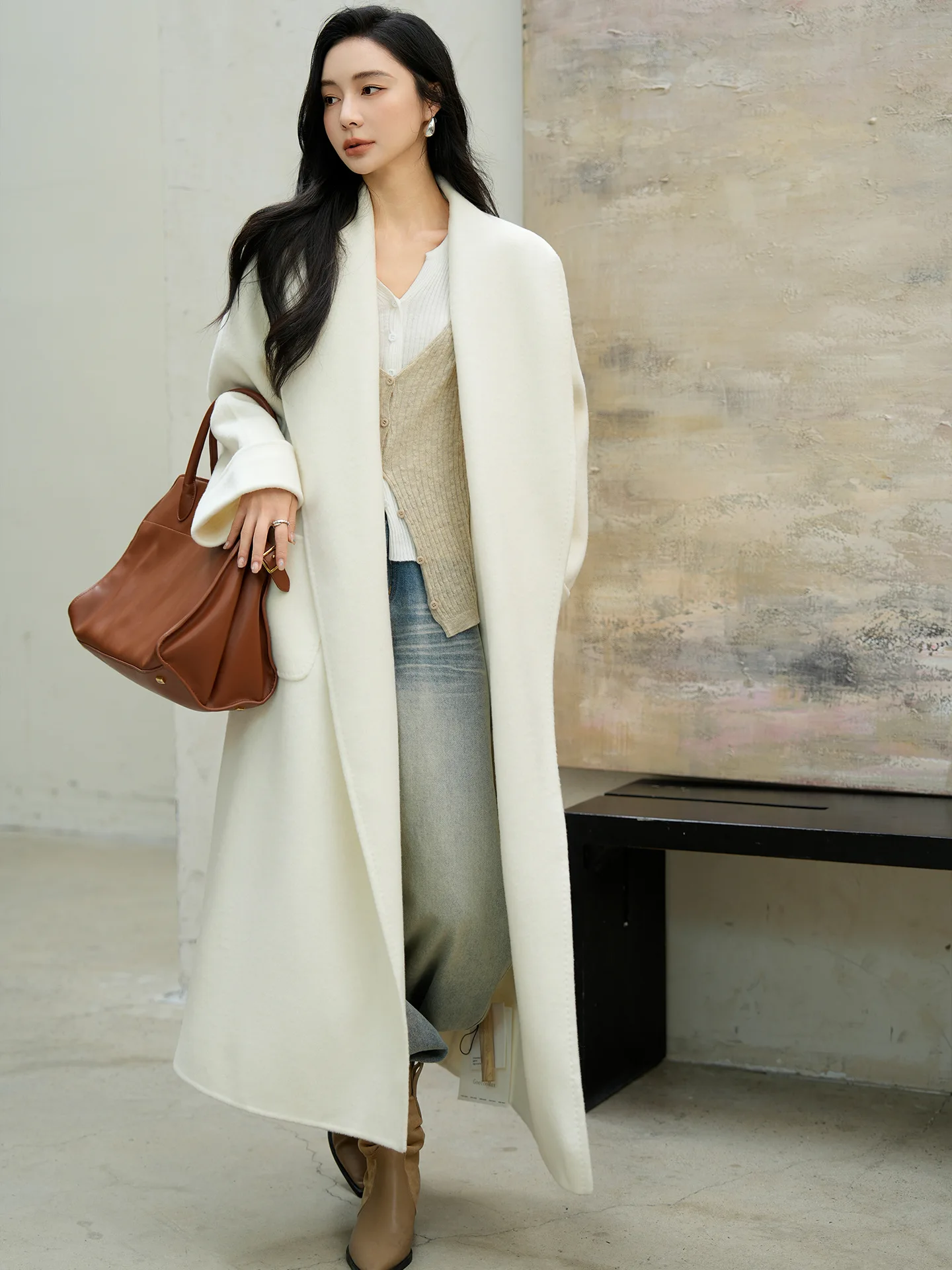 High Quality 100% Australian Wool Long Coat Bathrobe Style Fashion Woolen Overcoat Women Lace Up Blazer Thicken Warm Winter