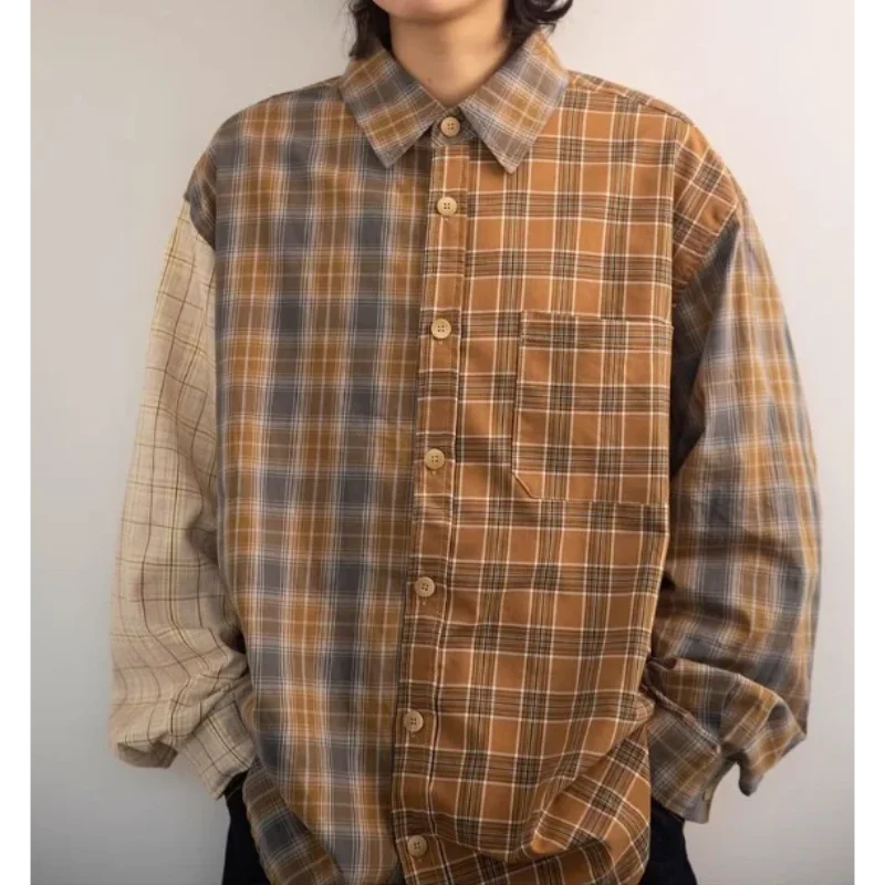 New Arrival Mens American Style Trendy Plaid Patchwork Long Sleeve Shirt Spring New Style Casual Versatile Shirt Outerwear