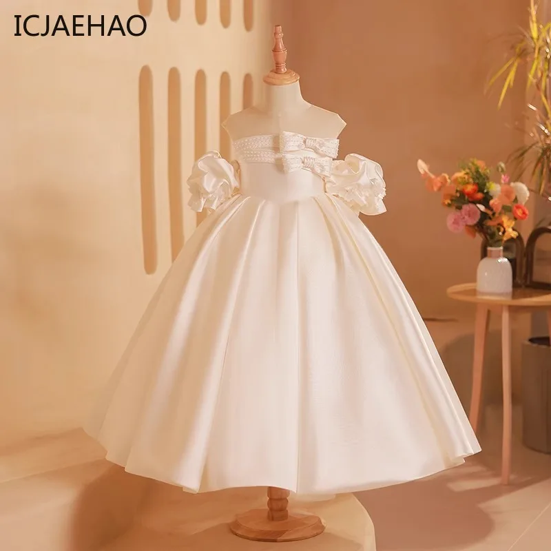 

ICJAEHAO 2024 Elegant Princess Children Girl Dress Pageant Girls Dress for Kids Bow Knot Solid Clothing Elegant dress for girls