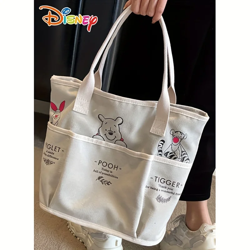 Disney Winnie The Pooh Printed Canvas Tote Bag Retro Shoulder Bag Large Capacity Multi Pocket Light Handbag Student Commuter Bag