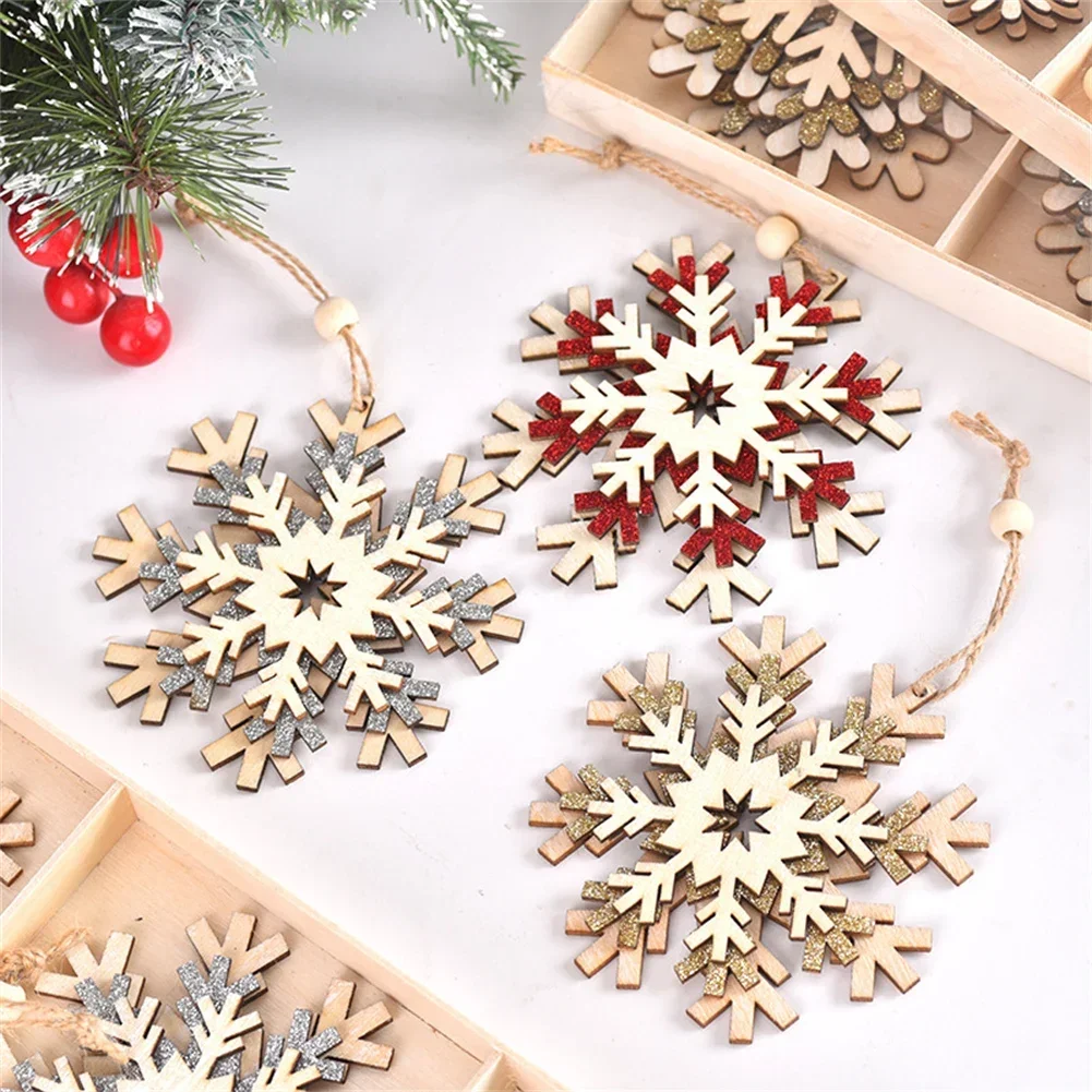 

6pcs Wooden Snowflake Christmas Festive Pendant Crafts Ornaments DIY Christmas Tree Wall Hanging Snowman Decoration Accessories