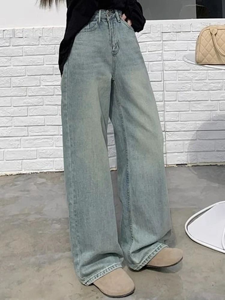 Woman 2024 Spring High Waist Wide Leg Trousers Female Washed Narrow Version Straight Leg Pants Fashion Light Blue Stacked Jeans — zdjęcie 3