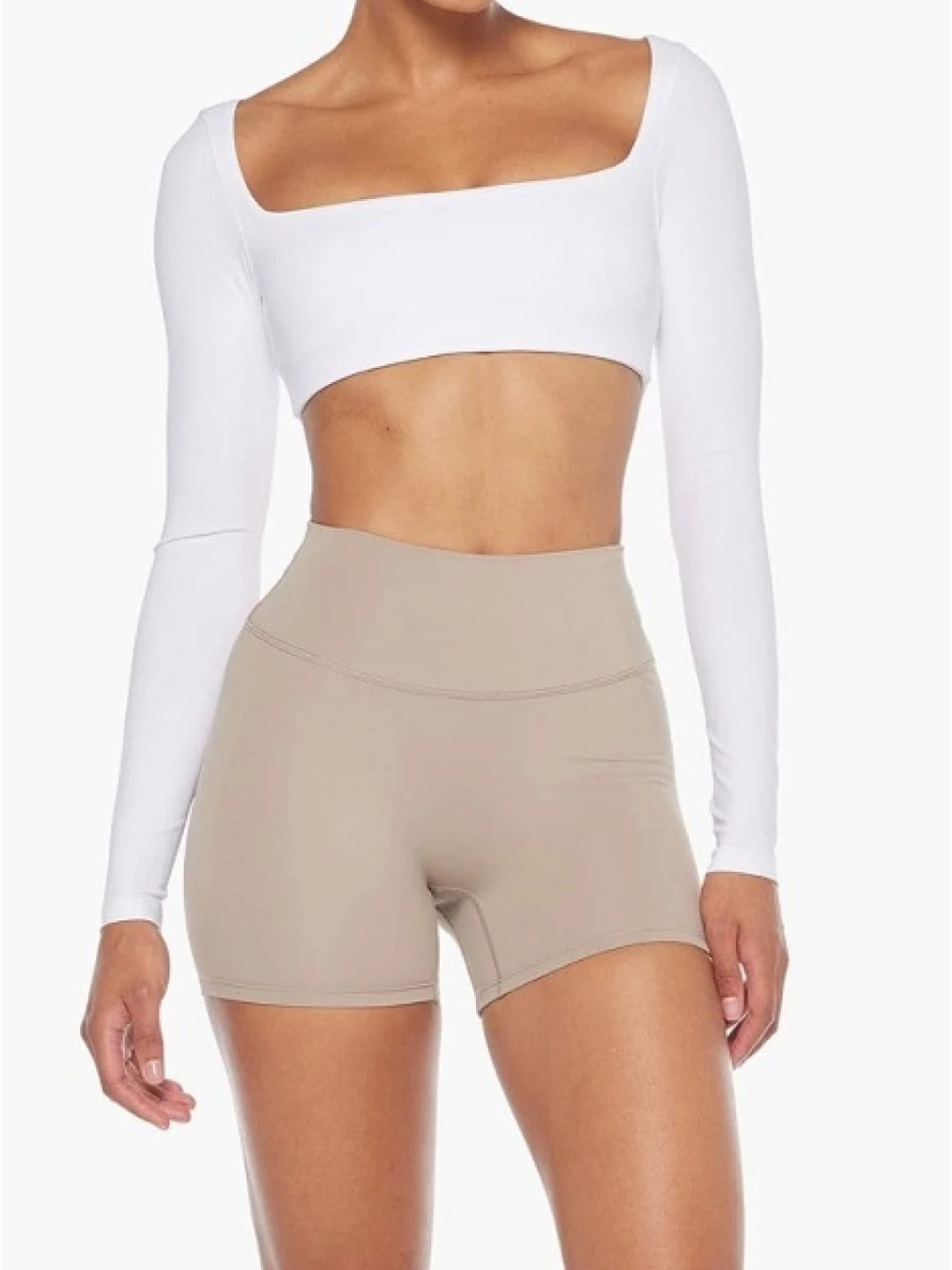 

Short U-neck tight yoga suit with long sleeves and exposed navel, sexy, elegant, simple, solid color, spicy girl T-shirt Y2K