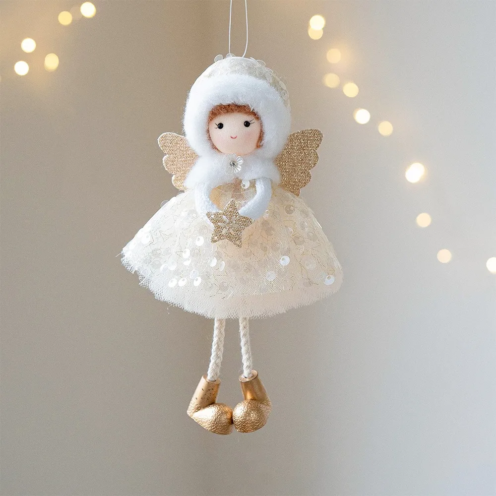 

Cute Christmas Girl Pendant Plush White Mesh Girl Hanging Ornament Tulle Dress Shiny Golden Wings Christmas Tree Decorations