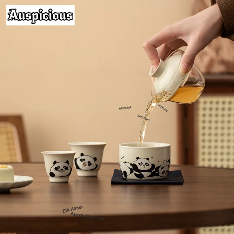 Cute Panda Outdoor Travel Tea Set Kit Retro 1 Pot 3 Cups Tea Brewing Organizer Portable Outdoor Stock Bags Teaware Accessories
