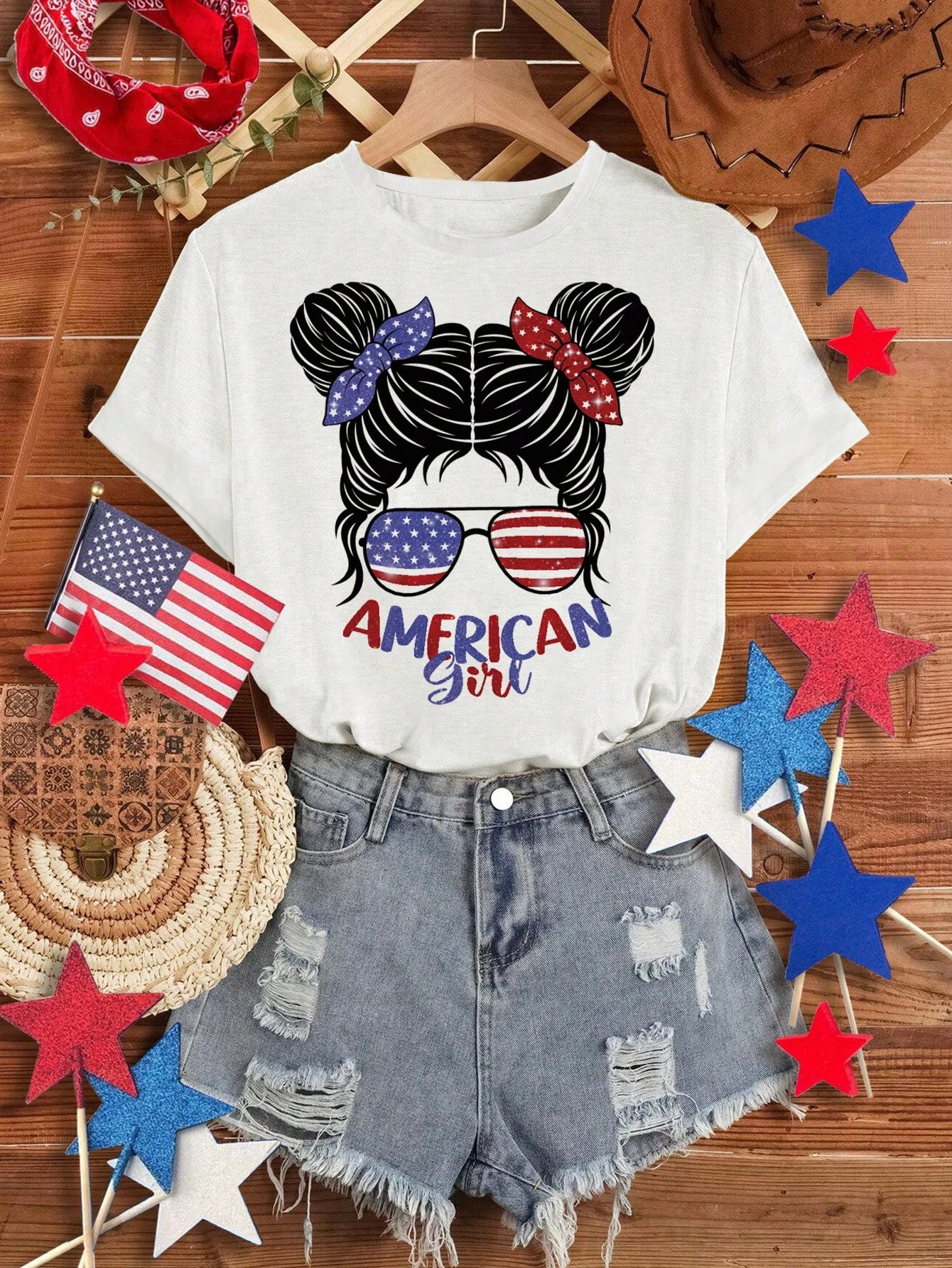 Tween Girl Summer Casual Short-Sleeved T-Shirt With Independence Day Character Letter Print