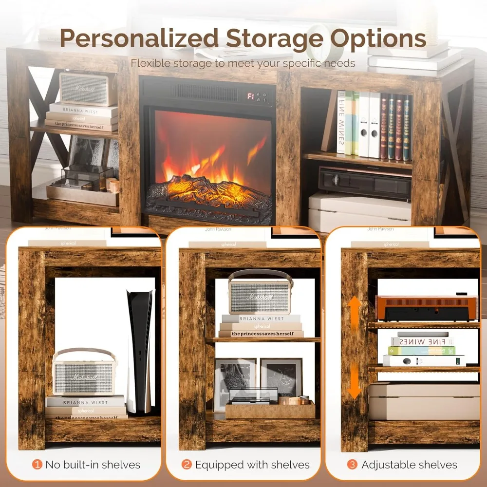 مركز ترفيه على طراز المزرعة مع مدفأة كهربائية وأرفف قابلة للتعديل لأجهزة التلفاز مقاس 70 بوصة #6