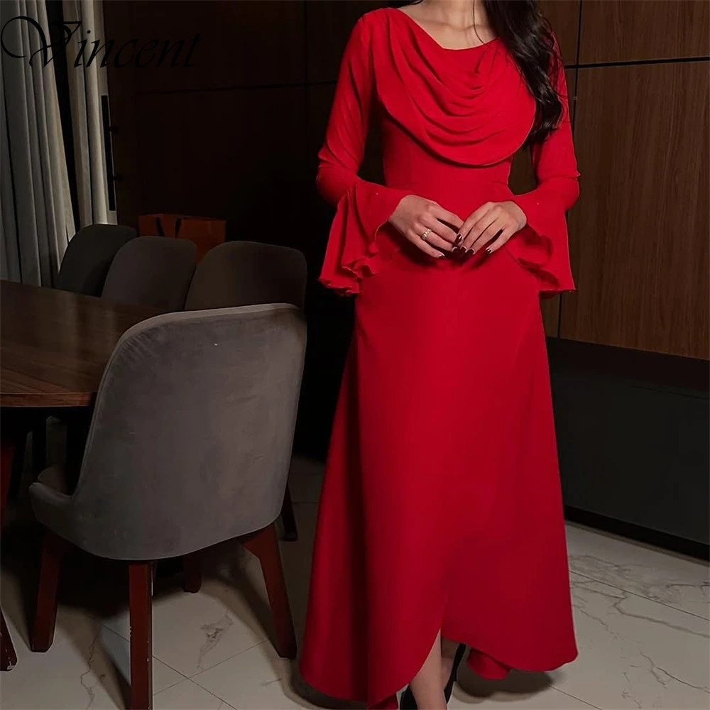 فستان سهرة كلاسيكي بأكمام طويلة من الجيرسيه باللون الأحمر مخصص بسيط على شكل حرف a بطول الكاحل فساتين رسمية للمشاهير بدون حمالات