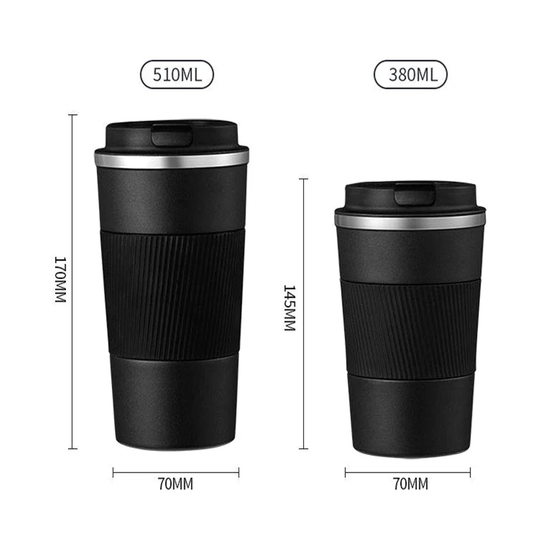 Copo de café térmico de aço inoxidável, caneca antiderrapante, garrafa isolada para viagens e carro, 380ml 510ml