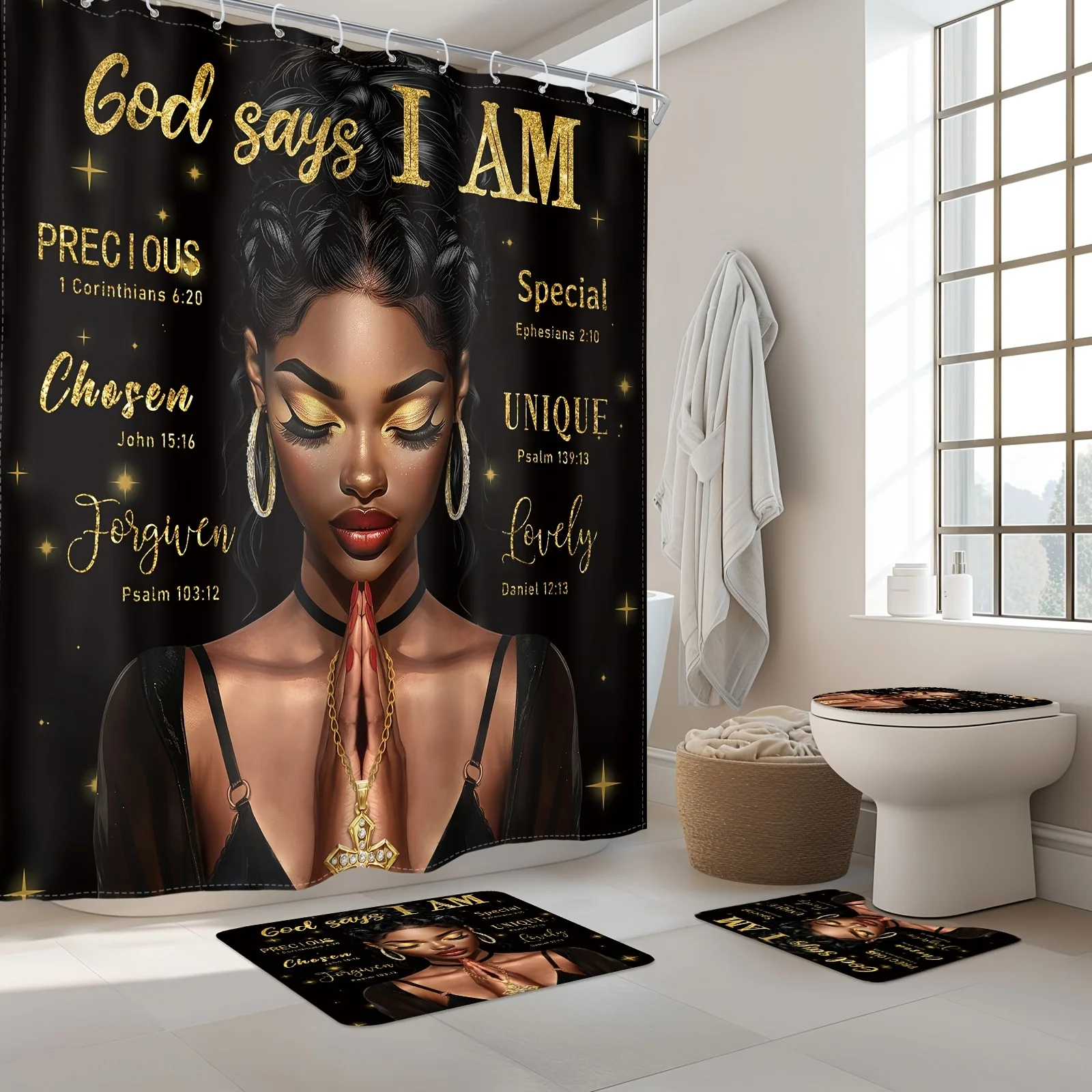 

Вдохновляющий набор для ванной комнаты «God Says I Am» — водонепроницаемая занавеска для душа, крышка унитаза, коврик для ванной и контурный коврик