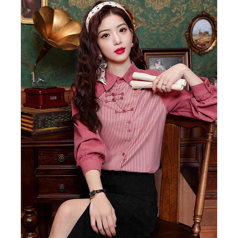 Spring Long Sleeve Turn Down Collar Women Shirt Chinese Style Striped Shirt Blouse Women Tops  Blusas Mujer De Moda 2024 J857