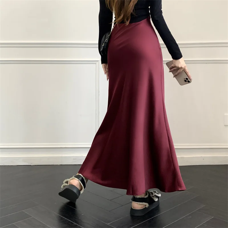 Style coréen décontracté été rouge Satin queue de poisson jupe pour les femmes taille haute mince élégant Maxi trompette dame