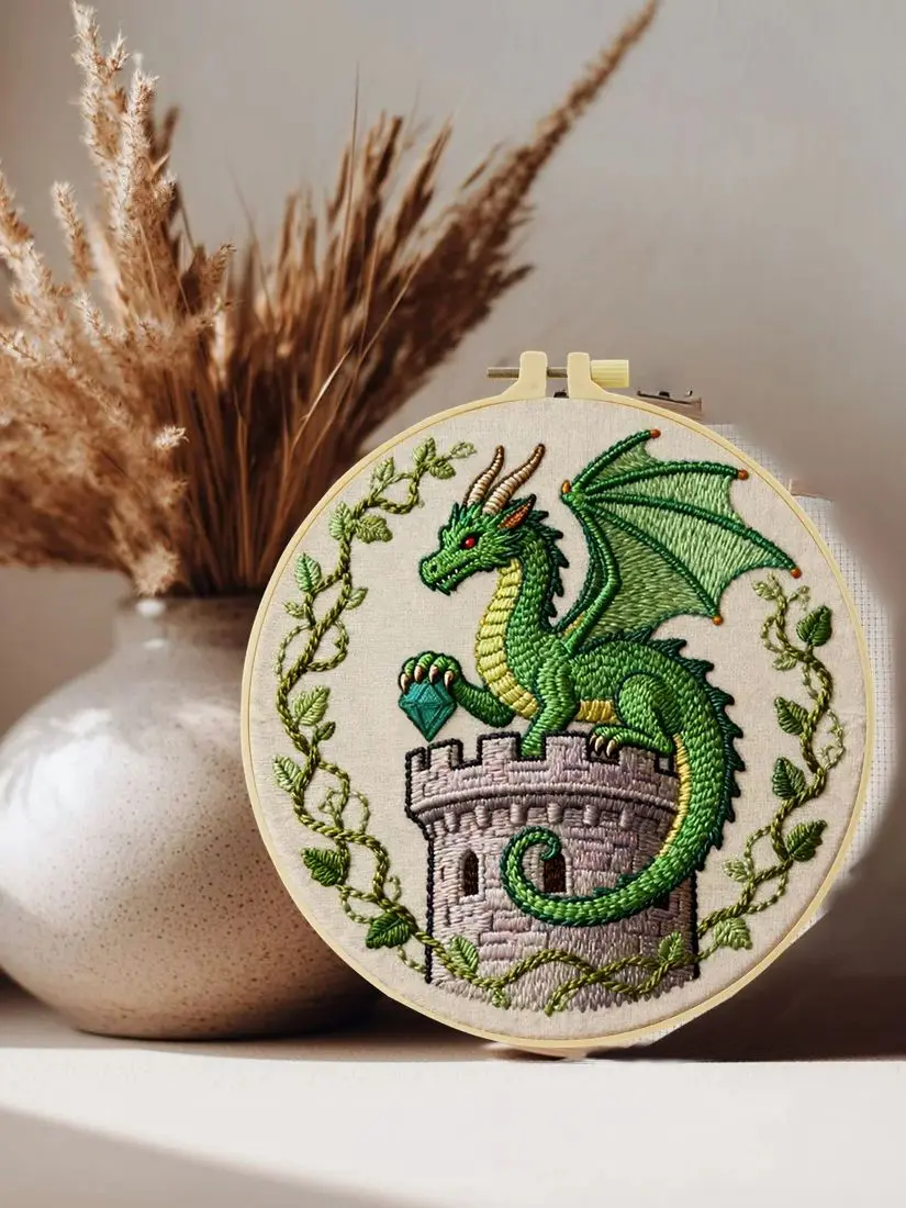 1 Stück 20X20CM/15X15CM Grüner Drache Stickerei Starter-Kit DIY Kreuzstich Nähkunst als Geschenk – Detail 1