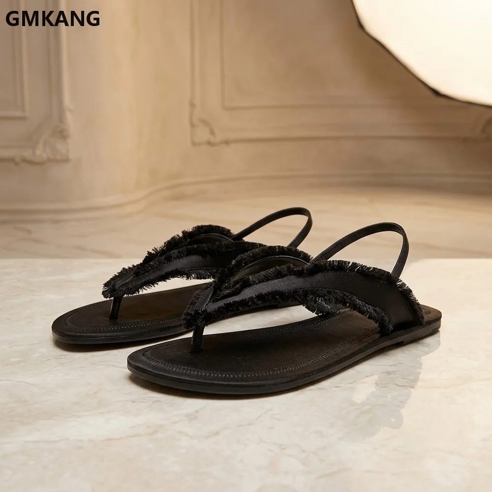 Women Summer Sandals Round Toe Braided Hollow Out Genuine Leather Slip On Casual Flat Roman Shoes Vacation Walking