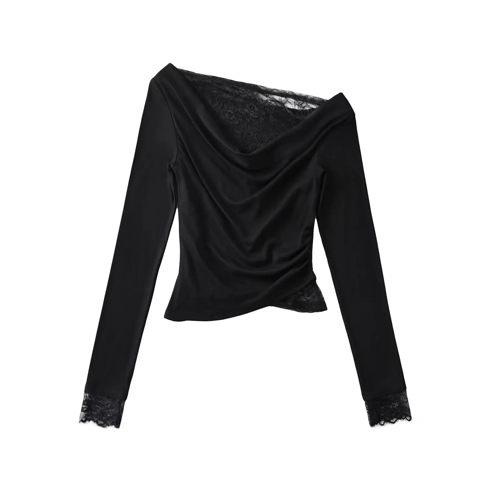 Street Sle Long Sve T-irt Women's ort Length Top Lace Trim oulder Bared Base Layer irt Slimming Effect Spring Au...