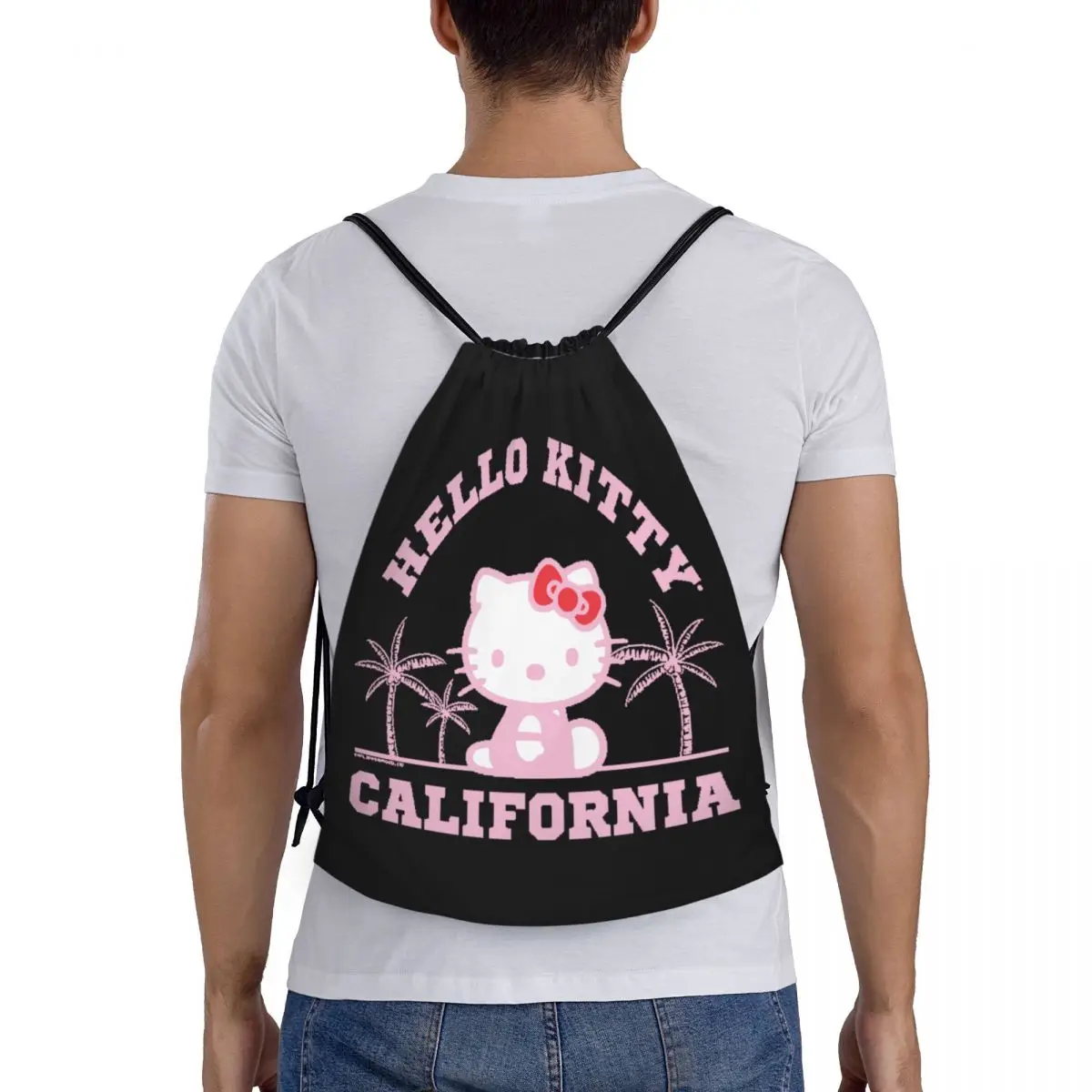 Custom Hello Kitty California Palm Trees Drawstring Backpack Women Men Sport Gym Sackpack Portable Training Bag Sack