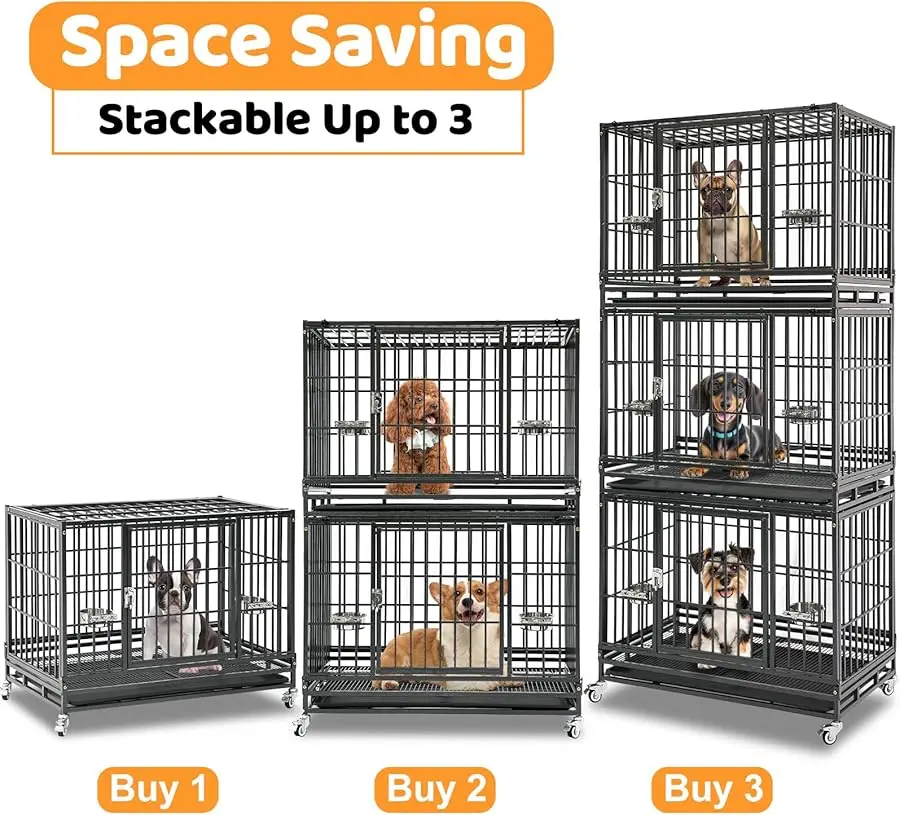 

37 inch Stackable Hea y Duty Dog Crate, Indestructible Escape Proof Dogs Cage Kennel with Lockable Wheels, Remo able Tray & Meta