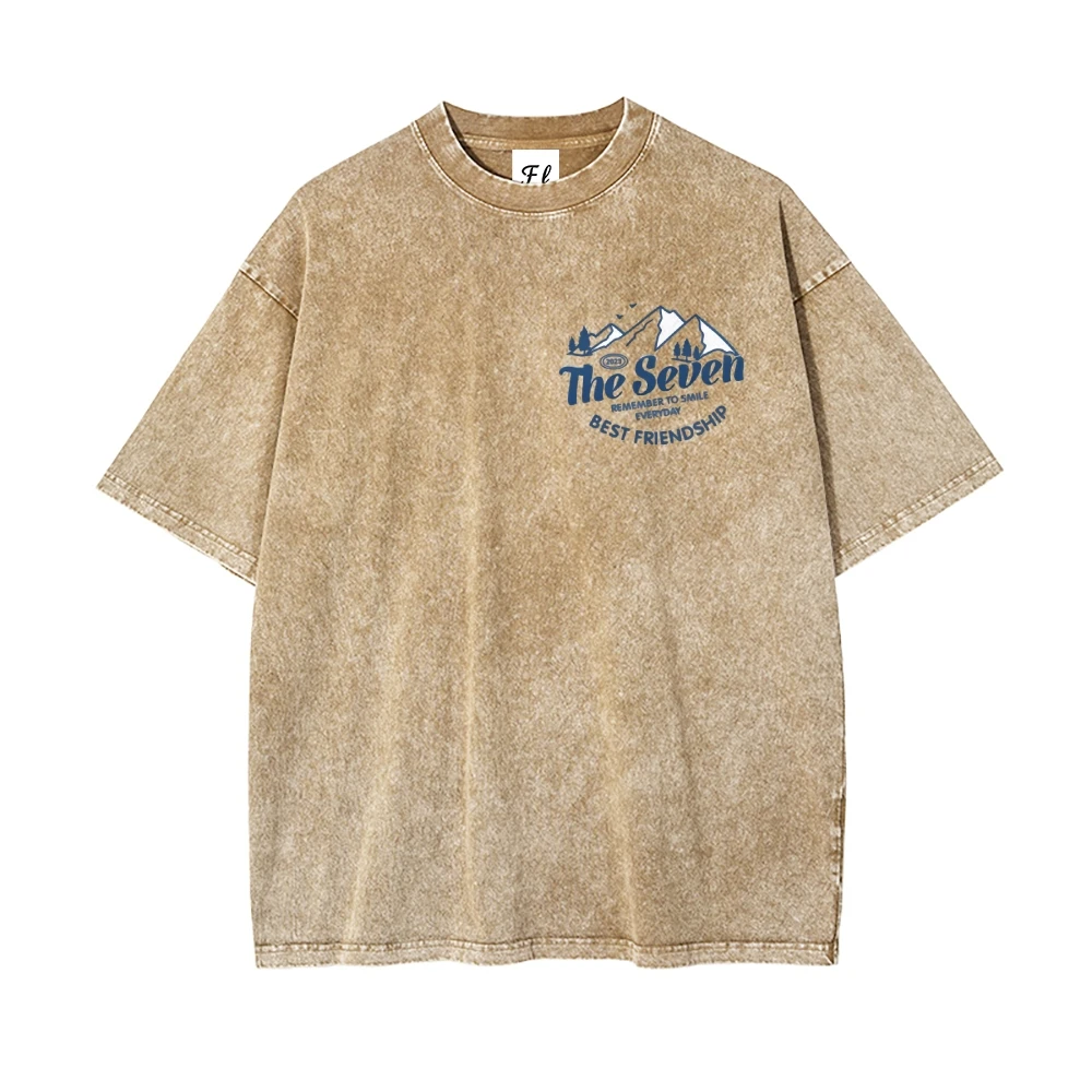 클래식 헤비 코튼 티셔츠, 이중 스티치 강화 넥, 내구성 있는 워싱 마감, 캐주얼 베이직 빈티지 워싱 크루넥, 두꺼운 소재