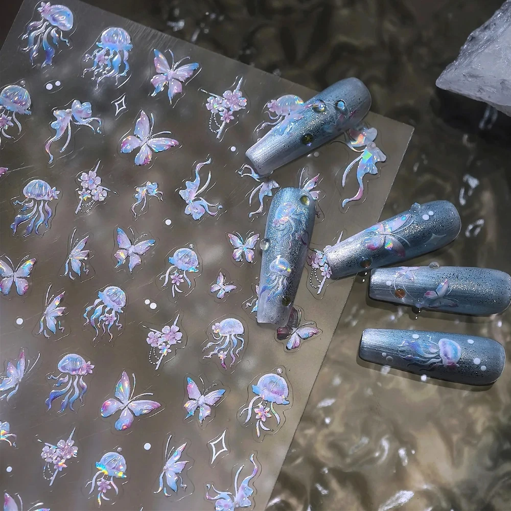 

Dreamy Blue Purple Shiny Jellyfish Butterfly Flowers Summer Ocean Nail Art Stickers Mermaid Tail Shell Starfish Manicure Decals