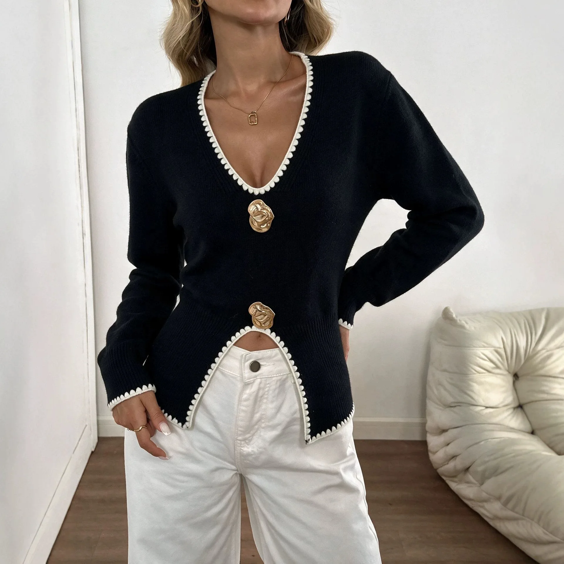 2026 Vintage Autumn New Long Sleeve Sweater Elegant Women V-Neck Slim Fashion Pullovers Small Fragrance Knitted Female Knitwear