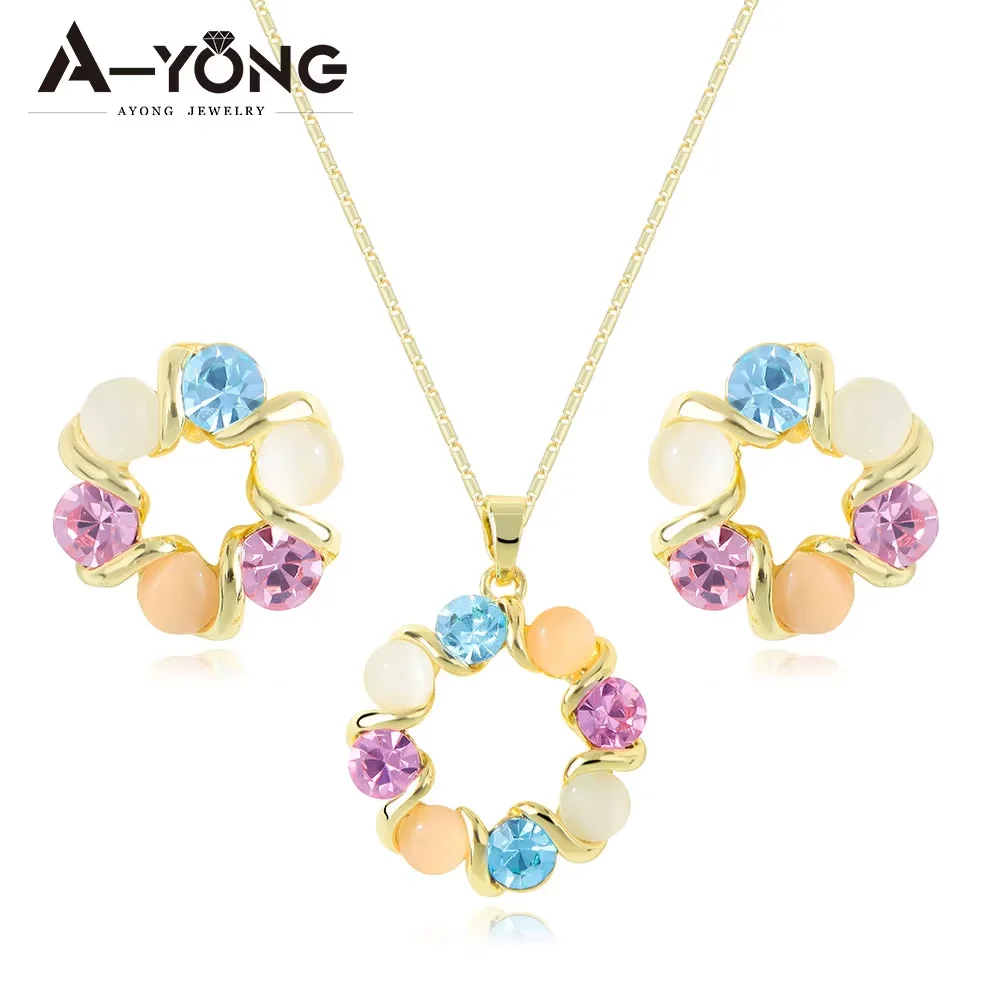 Europe America Colorful Floral Jewelry Set Geometric Gold Color Zirconia Necklace Earrings Women Beach Party Vacation Jewelrys