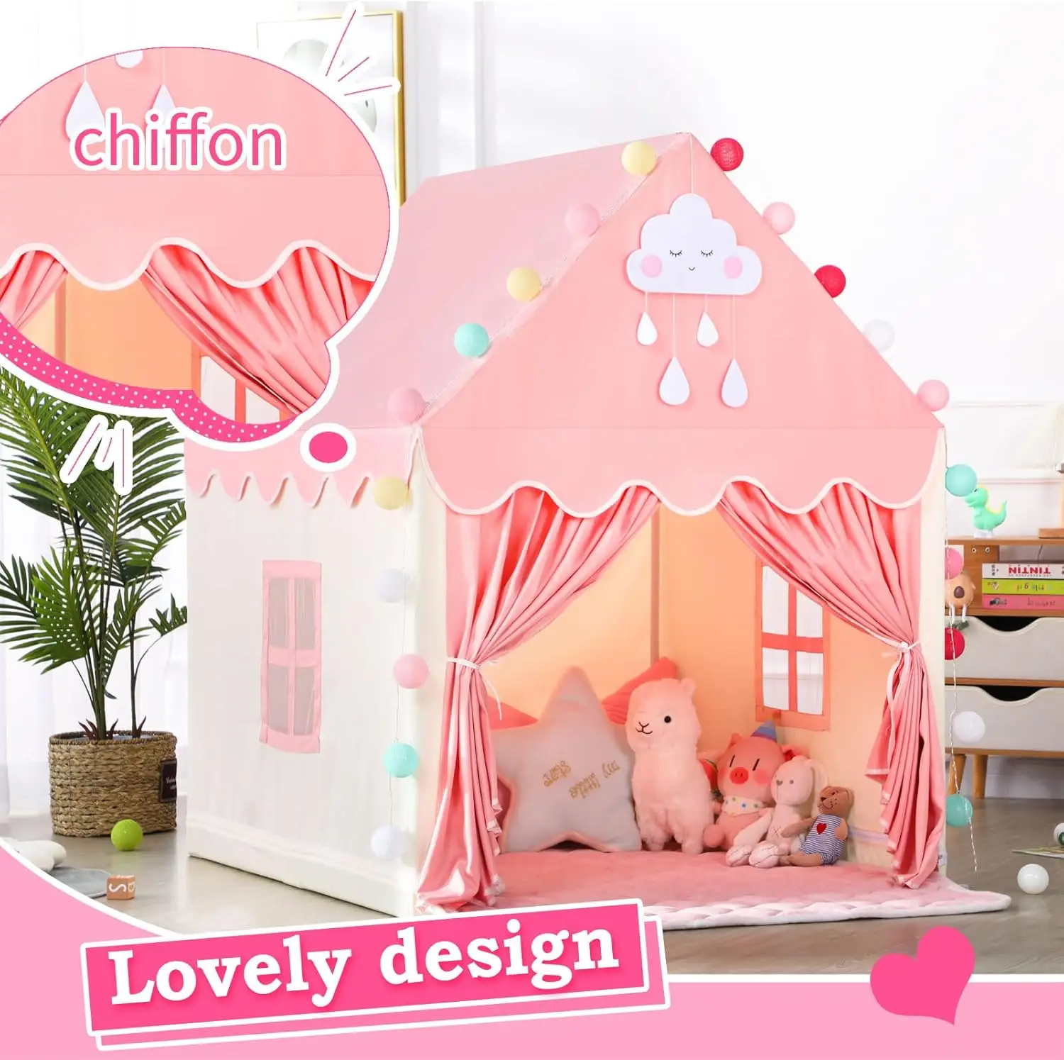 Kids Play Tent with Mat for Girls Large Fairy Playhouse for Kids Princess Castle Tent Gift Toys for Girl Toddler Children Play