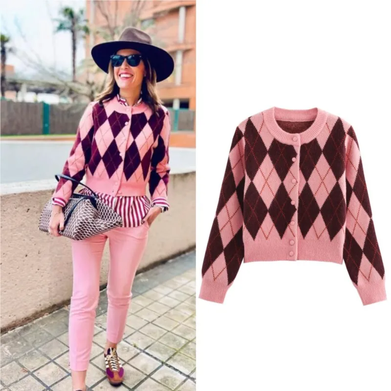 

HipSeam женский жаккардовый кардиган с ромбовидным узором, повседневное вязаное пальто с круглым вырезом и длинными рукавами, элегантный модный женский свитер