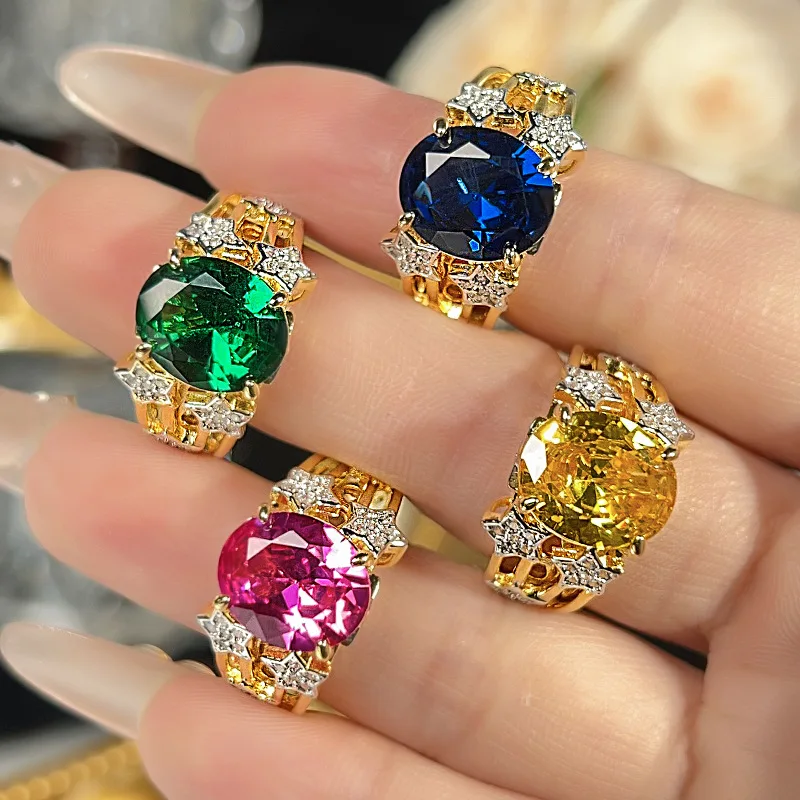 New Fashion Heavy Craft Luxury Inlaid Ring Women's Jewelry Colorful Gem Style Luxurious High-end Versatile European and American