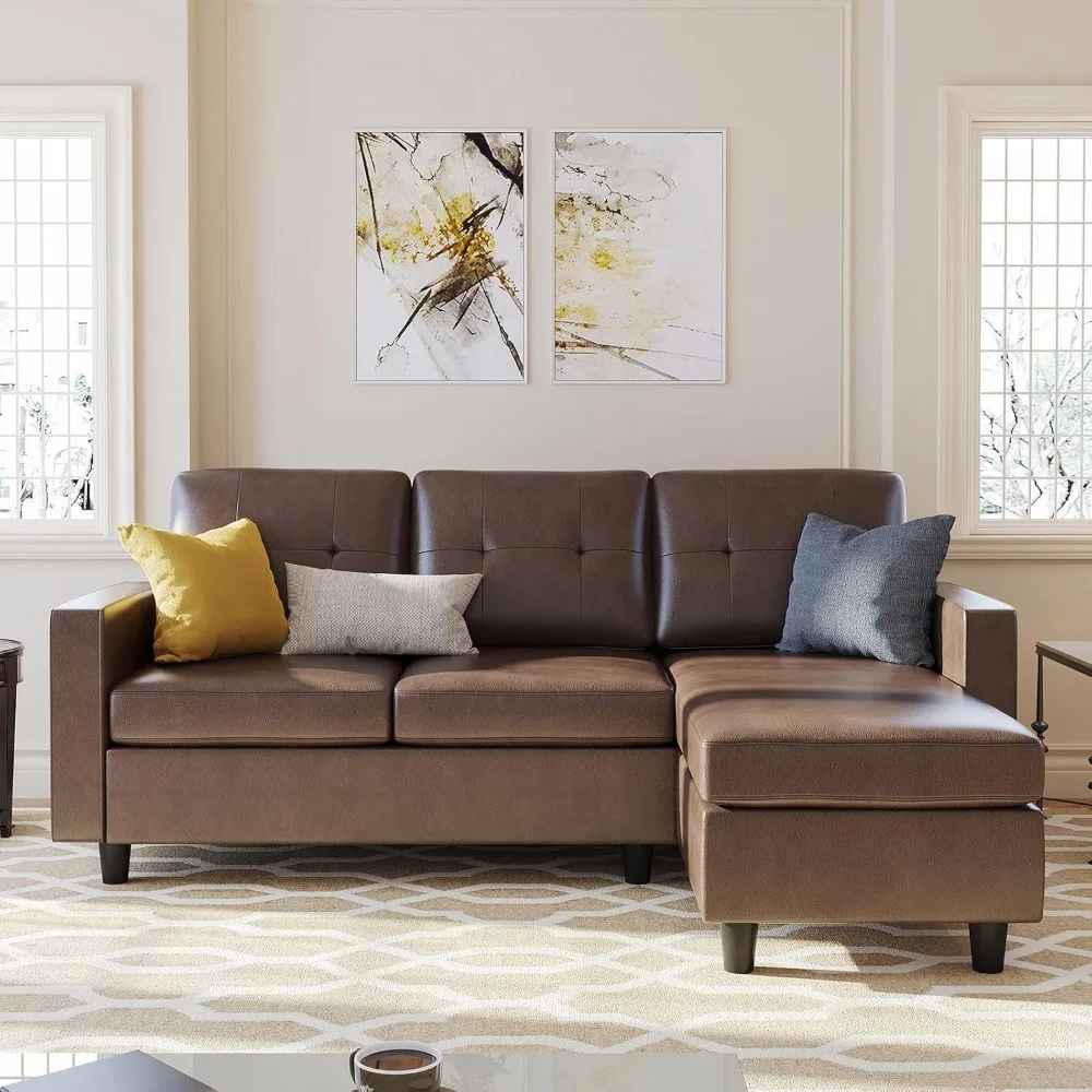 Artificial leather segmented sofa, convertible segmented sofa L-shaped small space sofa, brown