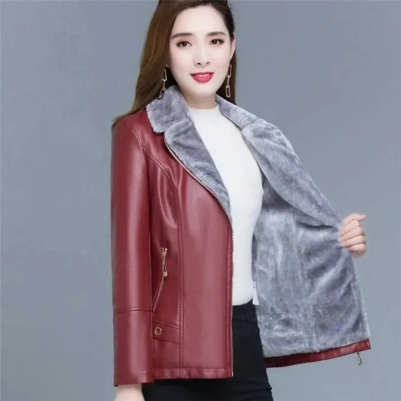 Blouson d'hiver en cuir pour femme, vêtement d'extérieur épais, coupe cintrée, garde au chaud