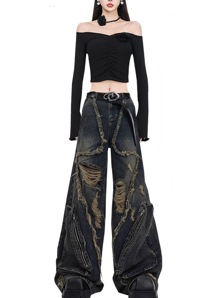 パンツ 00s Japanese Grunge Y2K Aesthetic Denim Women Black Gothic Cargo Jeans Harajuku Y2k Japanese 2000s Style