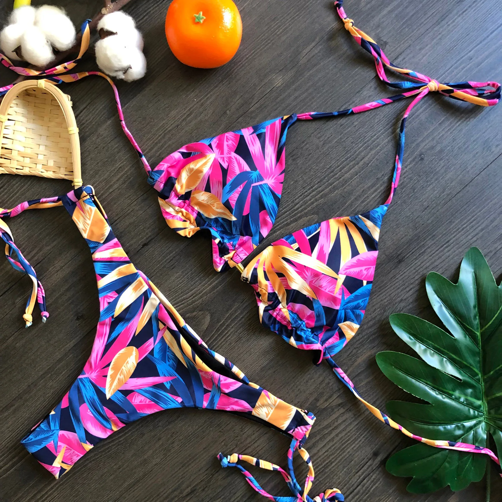 

Sexy Micro Bikinis Set Women Swimsuit Hawaii Leaf Print Push-Up Brazilian Bandage Swimwears Female Bandage Brazilian Biquinis