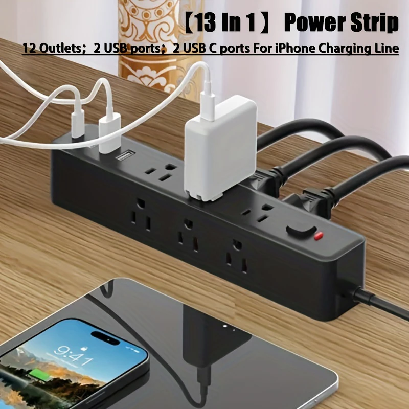 13 Ports Power Strip US Plug 9AC Outlets Electrical Socket Extension Cord 3USB 1PD Fast Charger Network Filter Adapter Charging