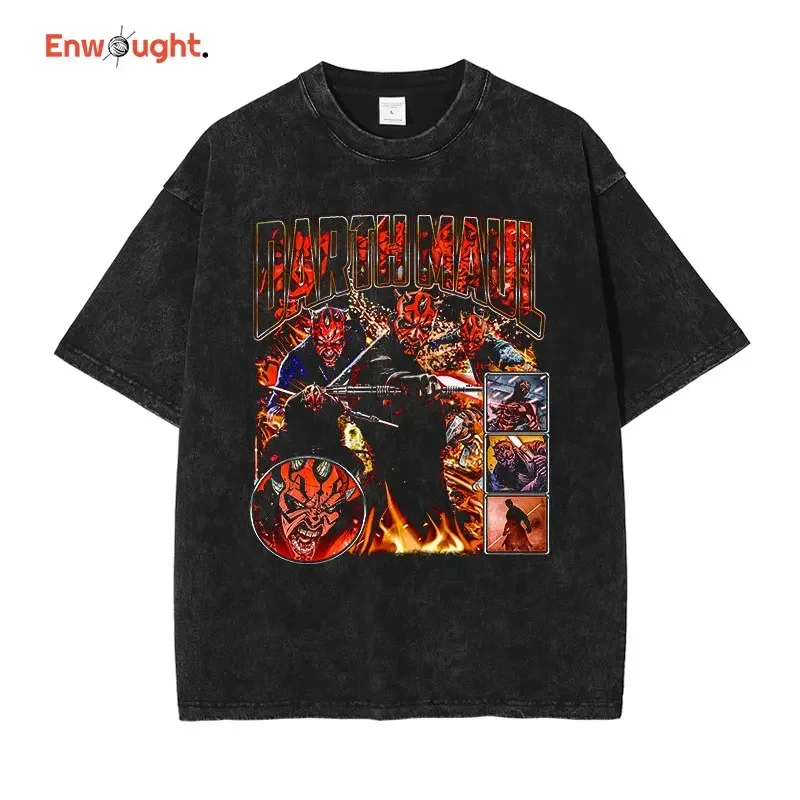 Darth Maul T Shirt Hip Hop Vintage Washed Movie Old School Tops Tees Oversized T-shirt Short Sleeve Sweatshirts Man 100% Cotton