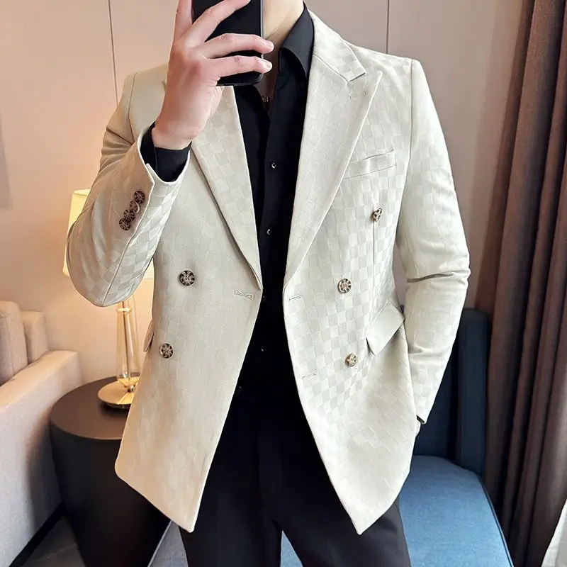 

3-G23 Apricot double-breasted suit for men Korean style trendy street plaid casuar men slim groom wedding dress