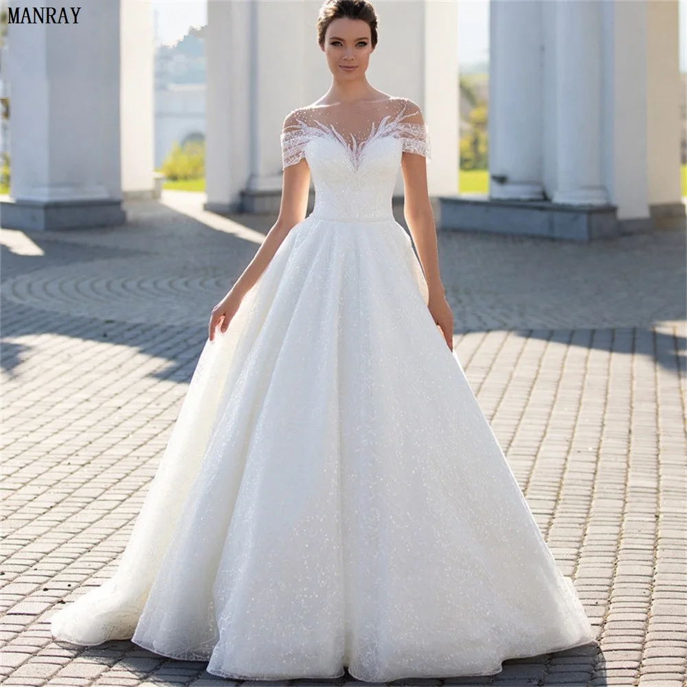 

MANRAY Shiny Off The Shoulder Wedding Dress For Bride 2023 Glitter Tulle Lace A-Line Bridal Gown Illusion Pleats Robe De Mariée