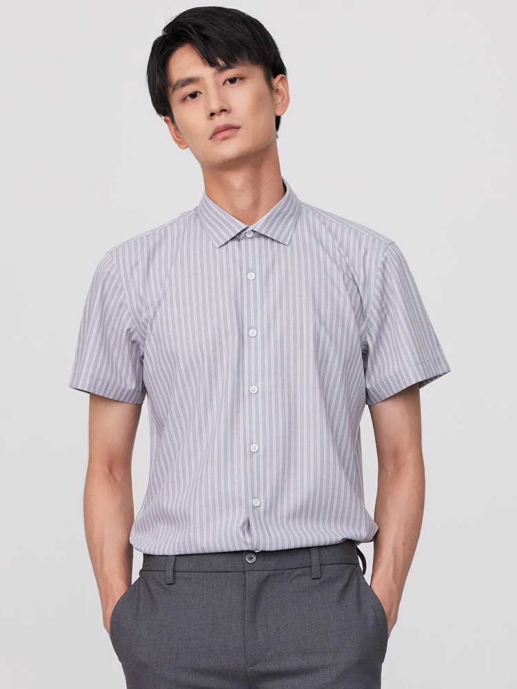 

Summer Men Non-ironing Slight Strech Striped Dress Shirt Without Pocket Short Sleeve Standard-fit Smart Casual Versatile Shirts