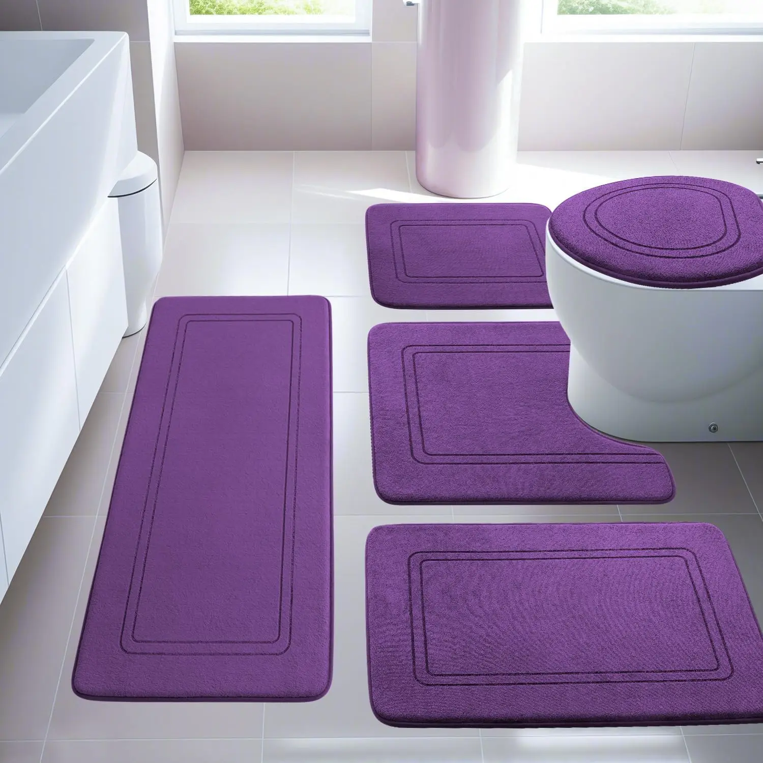 

Purple Memory Foam Bathroom Rug Set - 5 Piece Non-Slip Mats, Absorbent & Quick-Drying for Floor